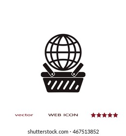globe in shopping basket, vector icon