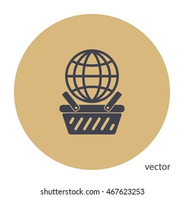 globe in shopping basket, vector icon