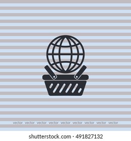 globe in shopping basket, vector icon