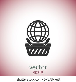 globe in shopping basket, vector icon