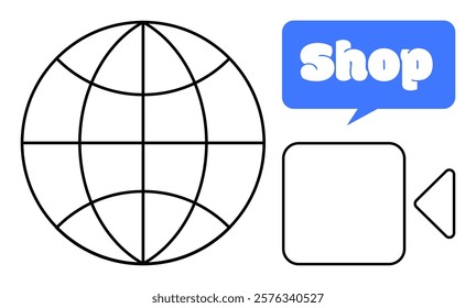 Globe, shopping speech bubble, and video camera sign. Ideal for e-commerce, online shopping, global marketing, communication, and technology. Simple clean style. Colors are blue, black, and white