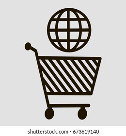 Globe in shopping trolley icon.