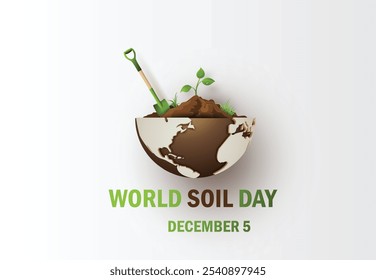 

A imagem para o Dia Mundial do Solo, um meio-globo com solo, plantas e uma pá, simbolizando a saúde do solo. As cores verde e marrom destacam a importância do solo para a vida e a sustentabilidade.






