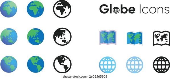 Globe showing Europe, Africa, America and Asia, icons. Green, Earth, world map. Globes icon with earth meridians. World map silhouette in colour fill, and black.