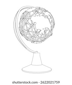 A globe is shown in a black and white drawing. The globe is made of wire and has a stand. The globe is not very detailed, but it is clear that it is a globe