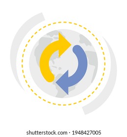 Globe-Zeichen mit Pfeilen in einem Kreis. Handelslogo für Öko-Logistik Flaches Symbol einzeln auf weißem Hintergrund.