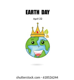 Globe sign & crown vector logo design template.Earth Day icon.Earth Day cartoon mascot character.Earth Day idea campaign concept for greeting card,poster,flyer,cover or brochure.Vector illustration
