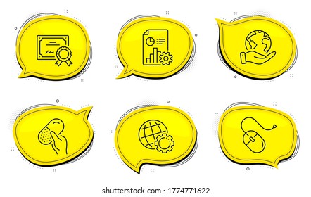 Globe sign. Diploma certificate, save planet chat bubbles. Capsule pill, Report and Computer mouse line icons set. Medicine drugs, Presentation document, Pc device. Internet settings. Vector