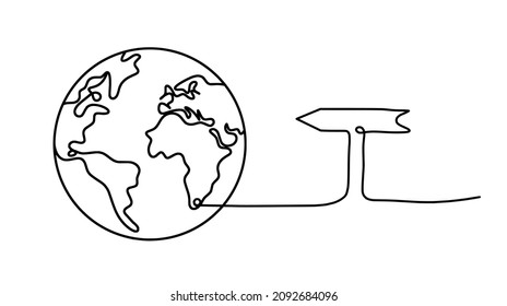 Globe mit Richtungszeichen als Linie auf weißem Hintergrund. Vektorgrafik