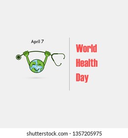 Globe sign and dumbbell vector logo.World Health Day icon.World Health Day cartoon mascot character.World Health Day idea campaign concept.Vector illustration