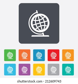 Globe sign icon. Geography symbol. Globe on stand for studying. Rounded squares 11 buttons. Vector