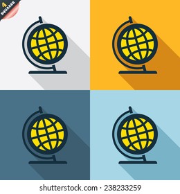 Globe sign icon. Geography symbol. Globe on stand for studying. Four squares. Colored Flat design buttons. Vector