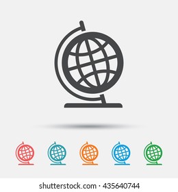 Globe sign icon. Geography symbol. Globe on stand for studying. Graphic element on white background. Colour clean flat globe icons. Vector