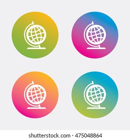 Globe sign icon. Geography symbol. Globe on stand for studying. Gradient flat buttons with icon. Modern design. Vector