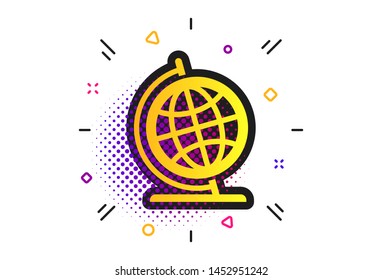 Globe sign icon. Halftone dots pattern. Geography symbol. Globe on stand for studying. Classic flat globe icon. Vector
