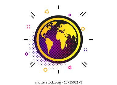 Globe sign icon. Halftone dots pattern. World map geography symbol. Classic flat globe icon. Vector