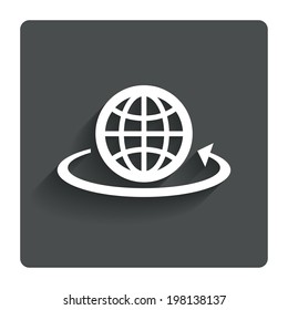 Globe sign icon. Round the world arrow symbol. Full rotation. Gray flat button with shadow. Modern UI website navigation. Vector