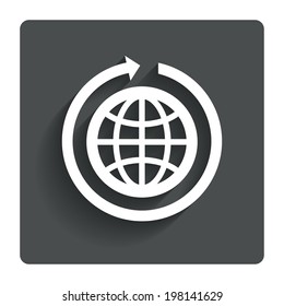 Globe sign icon. Round the world arrow symbol. Full rotation. Gray flat button with shadow. Modern UI website navigation. Vector