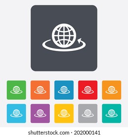 Globe sign icon. Round the world arrow symbol. Full rotation. Rounded squares 11 buttons. Vector