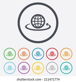 Globe sign icon. Round the world arrow symbol. Full rotation. Round circle buttons with frame. Vector