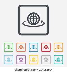 Globe sign icon. Round the world arrow symbol. Full rotation. Round squares buttons with frame. Vector