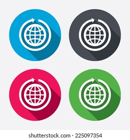Globe sign icon. Round the world arrow symbol. Full rotation. Circle buttons with long shadow. 4 icons set. Vector