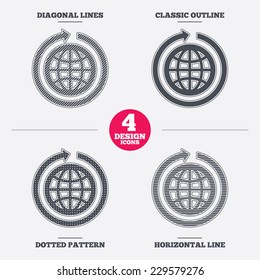 Globe sign icon. Round the world arrow symbol. Full rotation. Diagonal and horizontal lines, classic outline, dotted texture. Pattern design icons.  Vector
