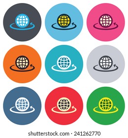 Globe sign icon. Round the world arrow symbol. Full rotation. Colored round buttons. Flat design circle icons set. Vector