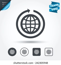 Globe sign icon. Round the world arrow symbol. Full rotation. Circle and square buttons. Flat design set. Thank you ribbon. Vector
