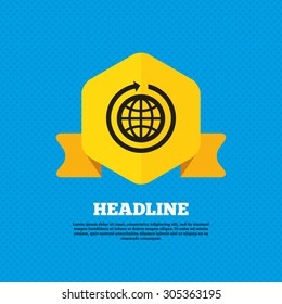 Globe sign icon. Round the world arrow symbol. Full rotation. Yellow label tag. Circles seamless pattern on back. Vector