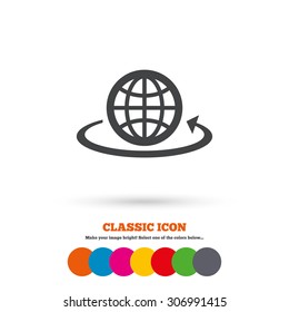 Globe sign icon. Round the world arrow symbol. Full rotation. Classic flat icon. Colored circles. Vector