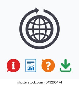Globe sign icon. Round the world arrow symbol. Full rotation. Information think bubble, question mark, download and report.