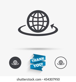 Globe sign icon. Round the world arrow symbol. Full rotation. Flat icons. Buttons with icons. Thank you ribbon. Vector