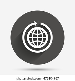 Globe sign icon. Round the world arrow symbol. Full rotation. Circle flat button with shadow. Vector