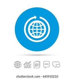 Globe sign icon. Round the world arrow symbol. Full rotation. Copy files, chat speech bubble and chart web icons. Vector