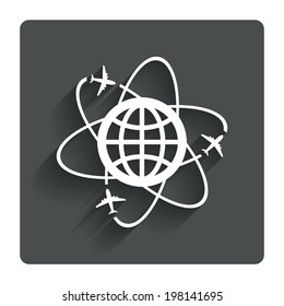 Globe sign icon. World logistics symbol. Worldwide travel flights. Gray flat button with shadow. Modern UI website navigation. Vector