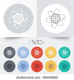 Globe sign icon. World logistics symbol. Worldwide travel flights. Round 12 circle buttons. Shadow. Hand cursor pointer. Vector