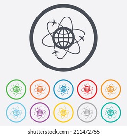 Globe sign icon. World logistics symbol. Worldwide travel flights. Round circle buttons with frame. Vector