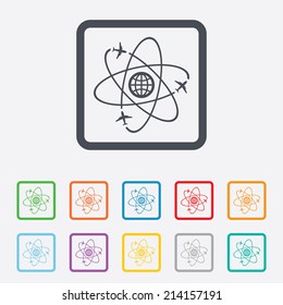 Globe sign icon. World logistics symbol. Worldwide travel flights. Round squares buttons with frame. Vector