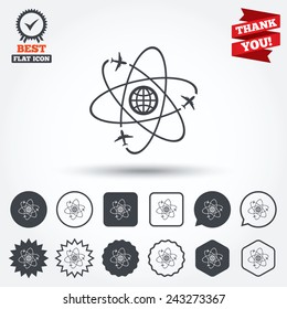 Globe sign icon. World logistics symbol. Worldwide travel flights. Circle, star, speech bubble and square buttons. Award medal with check mark. Thank you ribbon. Vector