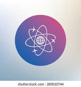 Globe sign icon. World logistics symbol. Worldwide travel flights. Icon on blurred background. Vector