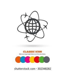 Globe sign icon. World logistics symbol. Worldwide travel flights. Classic flat icon. Colored circles. Vector