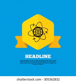 Globe sign icon. World logistics symbol. Worldwide travel flights. Yellow label tag. Circles seamless pattern on back. Vector