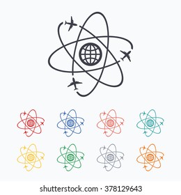 Globe sign icon. World logistics symbol. Worldwide travel flights. Colored flat icons on white background.