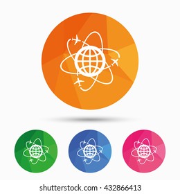 Globe sign icon. World logistics symbol. Worldwide travel flights. Triangular low poly button with flat icon. Vector