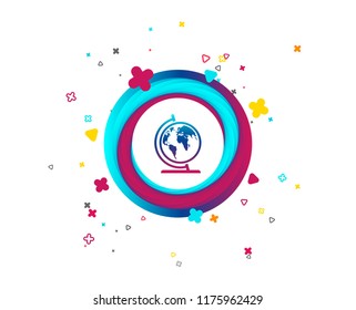 Globe sign icon. World map geography symbol. Globe on stand for studying. Colorful button with icon. Geometric elements. Vector