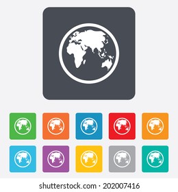 Globe sign icon. World map geography symbol. Rounded squares 11 buttons. Vector