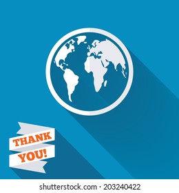 Globe sign icon. World map geography symbol. White flat icon with long shadow. Paper ribbon label with Thank you text. Vector