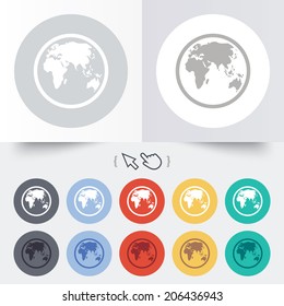 Globe sign icon. World map geography symbol. Round 12 circle buttons. Shadow. Hand cursor pointer. Vector