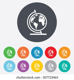 Globe sign icon. World map geography symbol. Globe on stand for studying. Round colourful 11 buttons. Vector